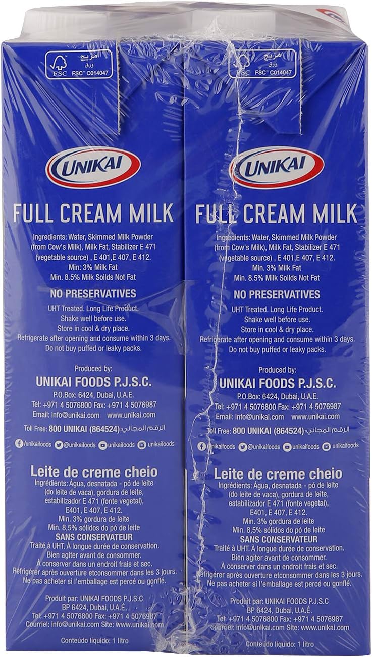 Unikai Full Cream Milk 4x1L | Fresh Dairy Value Pack | Dubai UAE